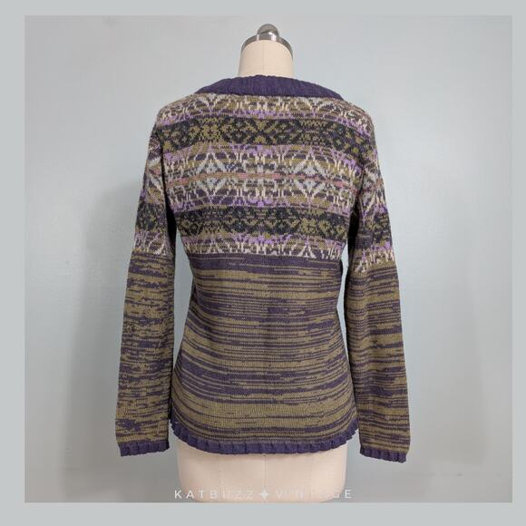 SOL Baby Alpaca Pullover Sweater L Purple Yellow Fair Isle Bow Scoop Soft Bow - Picture 3 of 13